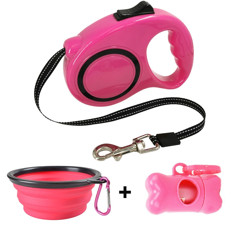 3m/5m Retractable Dog Leash Waste Bag Dispenser and Dog Bowl 3 in 1 set