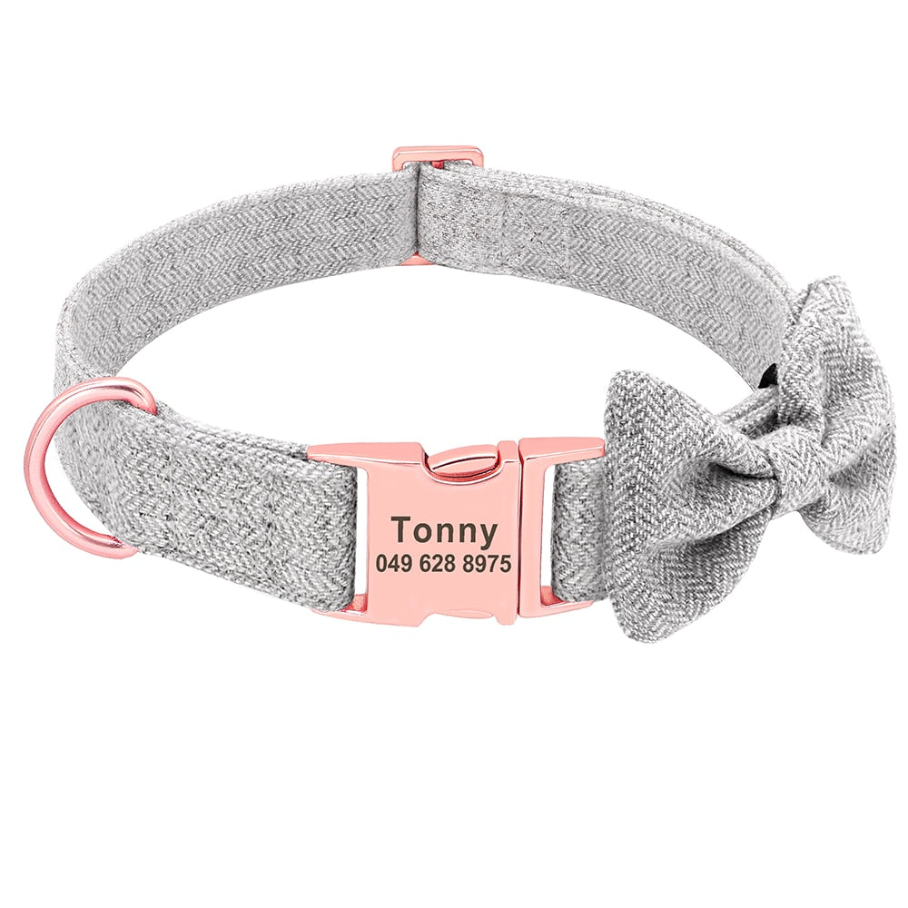 Customized Dog Collar Leash Set  With Bowtie Adjustable Free Engraving