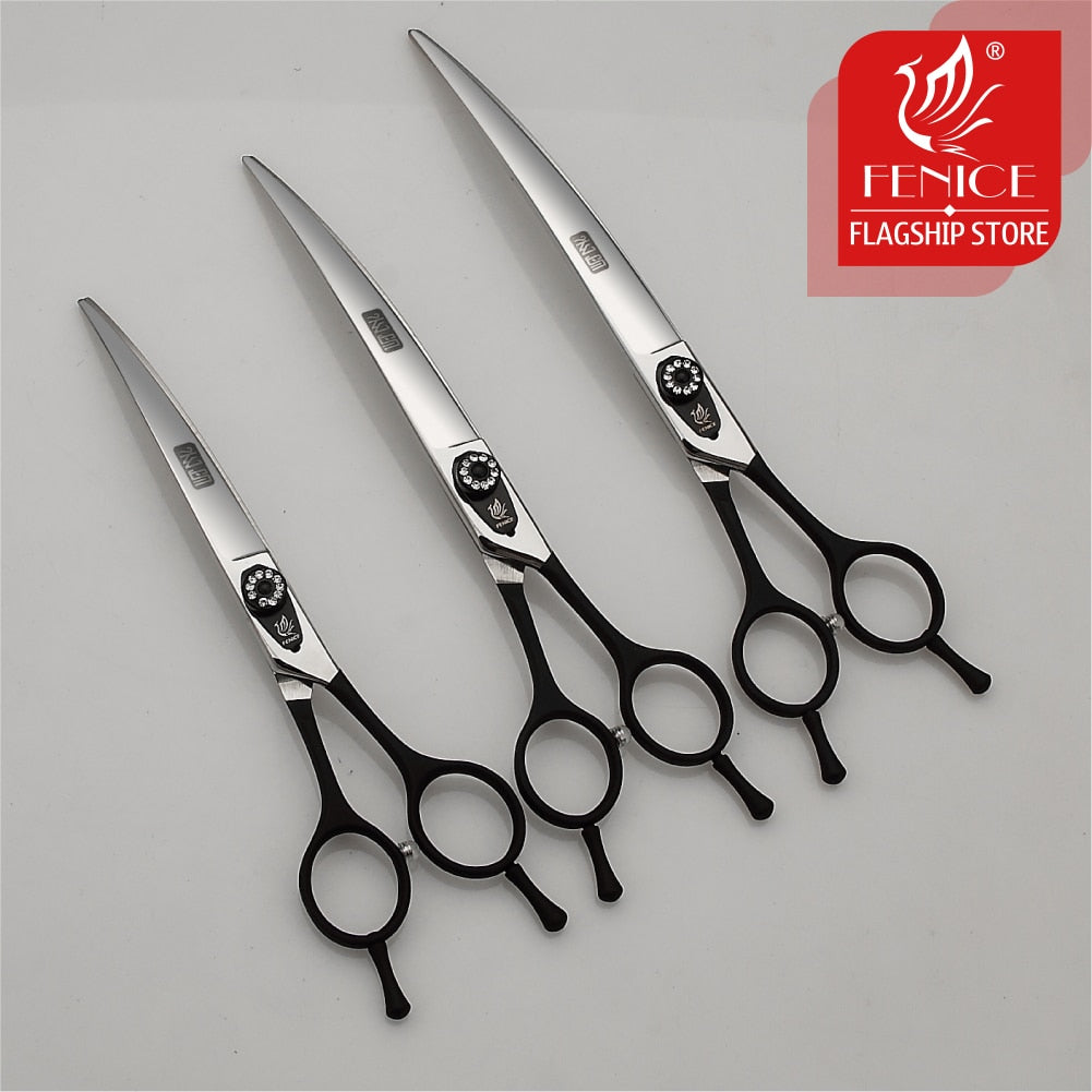 Fenice 7.0 7.5 8.0 Inch Professional Black Grooming Scissors Curved Shear for Teddy/Pomeranian Dogs Pet Grooming Tools JP 440C