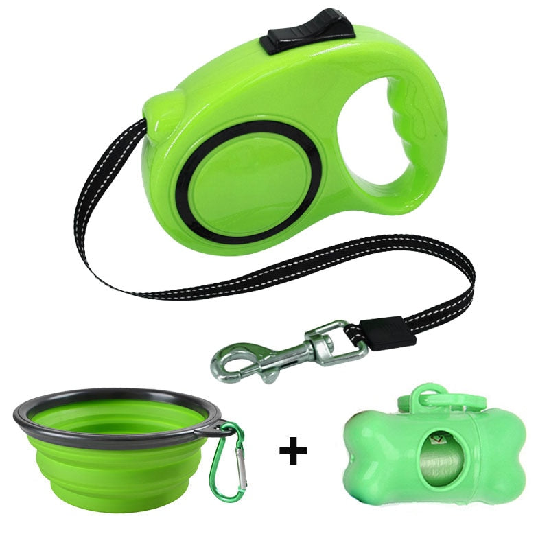 3m/5m Retractable Dog Leash Waste Bag Dispenser and Dog Bowl 3 in 1 set