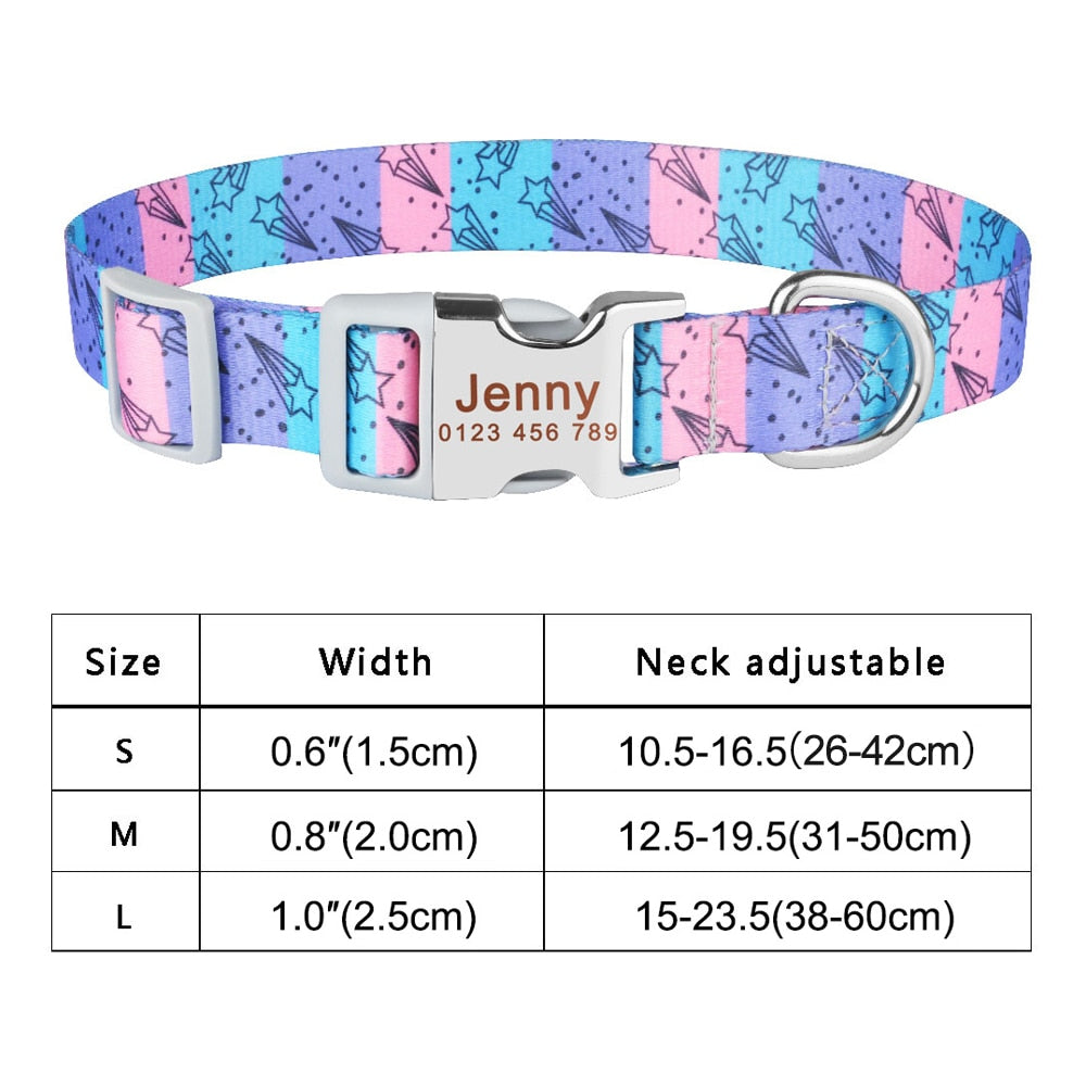 Adjustable nylon dog collar with name ID tag - Free engraving