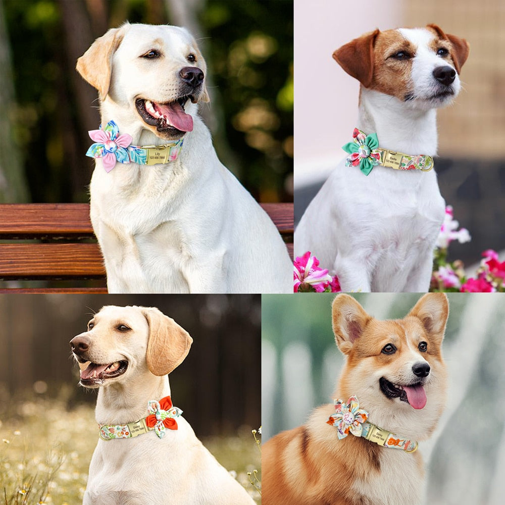 Personalized Dog ID Collar Nylon Engraved Pet Collars Necklace With Cute Flower Colorful Print