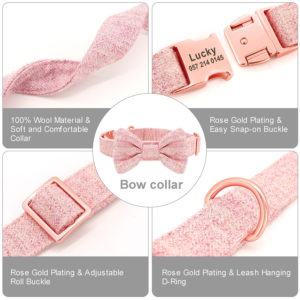 Customized Dog Collar Leash Set  With Bowtie Adjustable Free Engraving