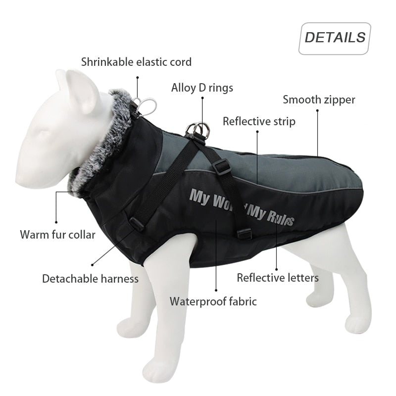 Large Dog Jacket Waterproof Fur Collar