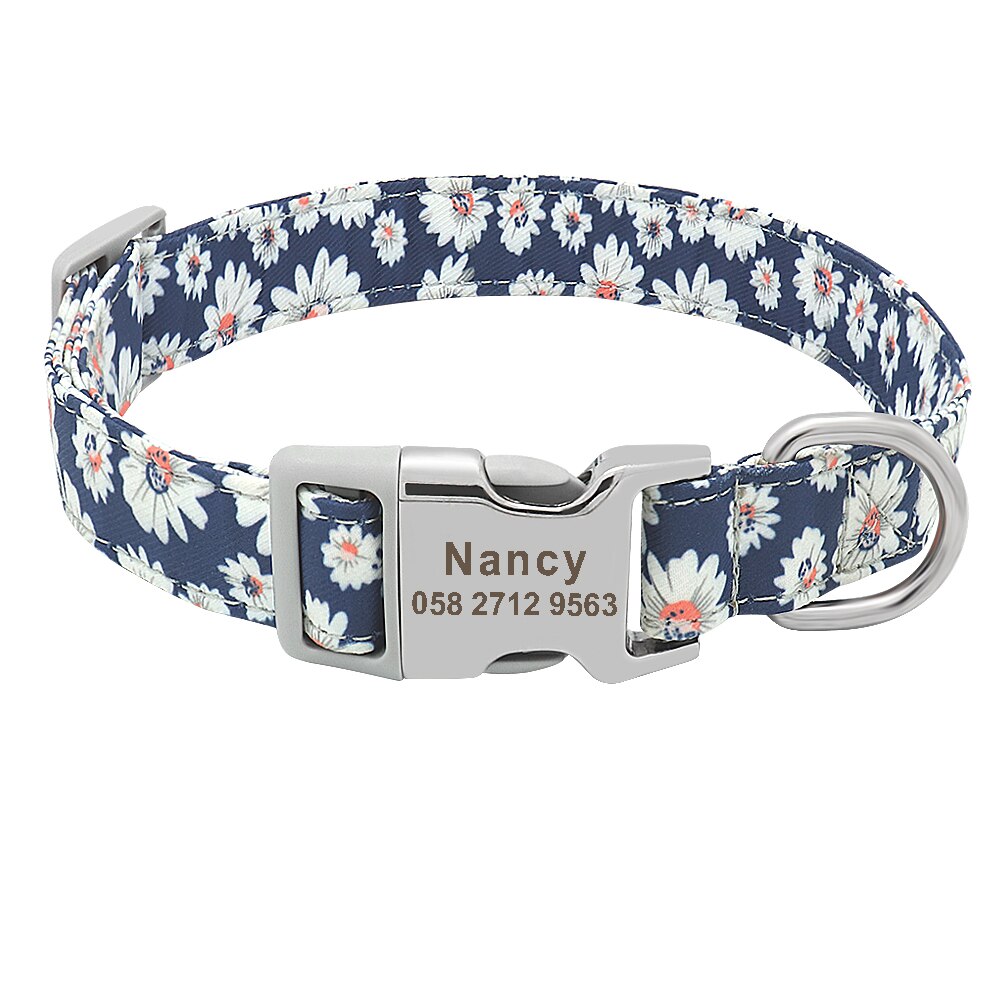 Custom Dog Collar Nylon Floral Engraved Pet Collar