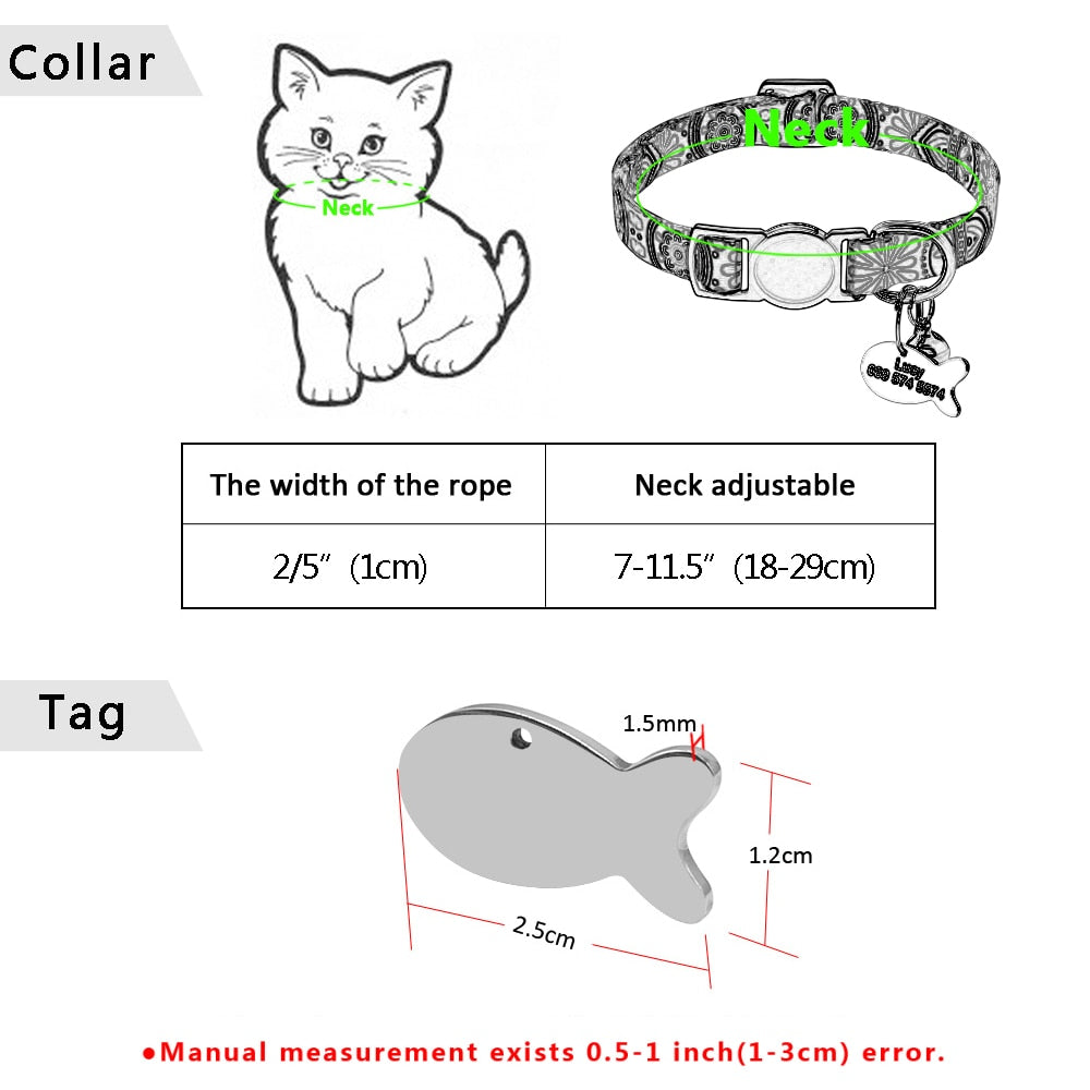 Quick Release Cat Collar With Bell  Free Engraved Fish ID Tag Nameplate