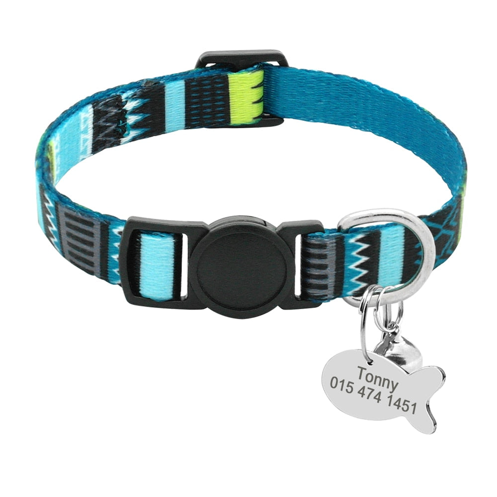 Quick Release Cat Collar With Bell  Free Engraved Fish ID Tag Nameplate