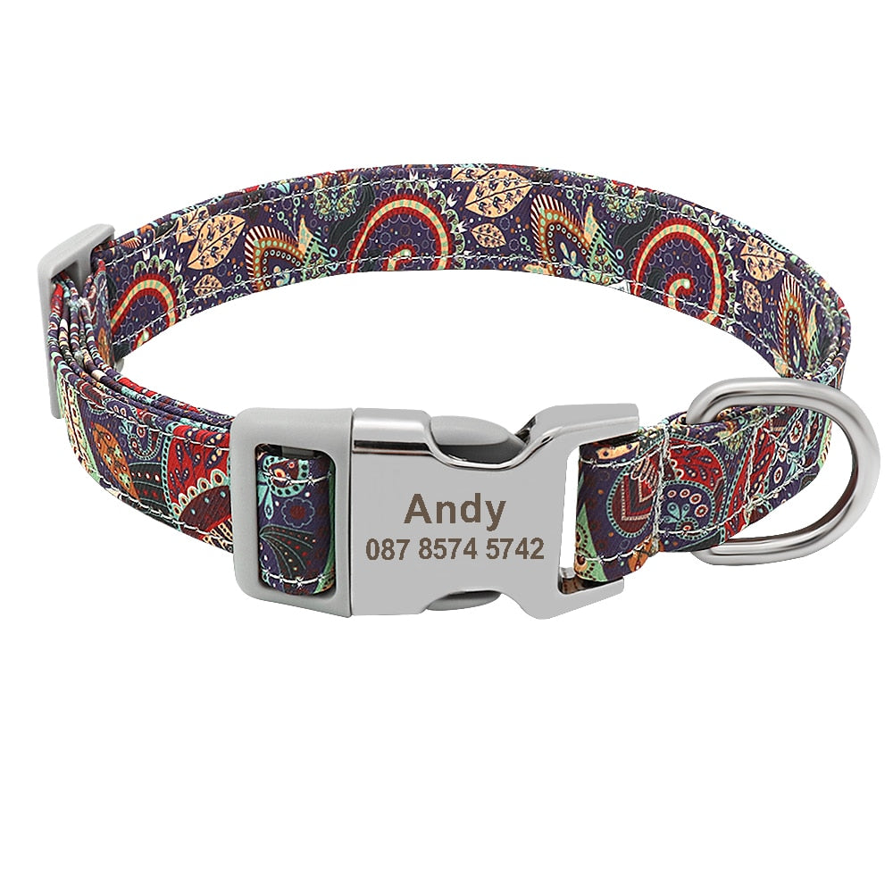 Custom Dog Collar Nylon Floral Engraved Pet Collar