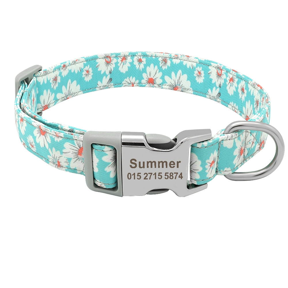 Custom Dog Collar Nylon Floral Engraved Pet Collar