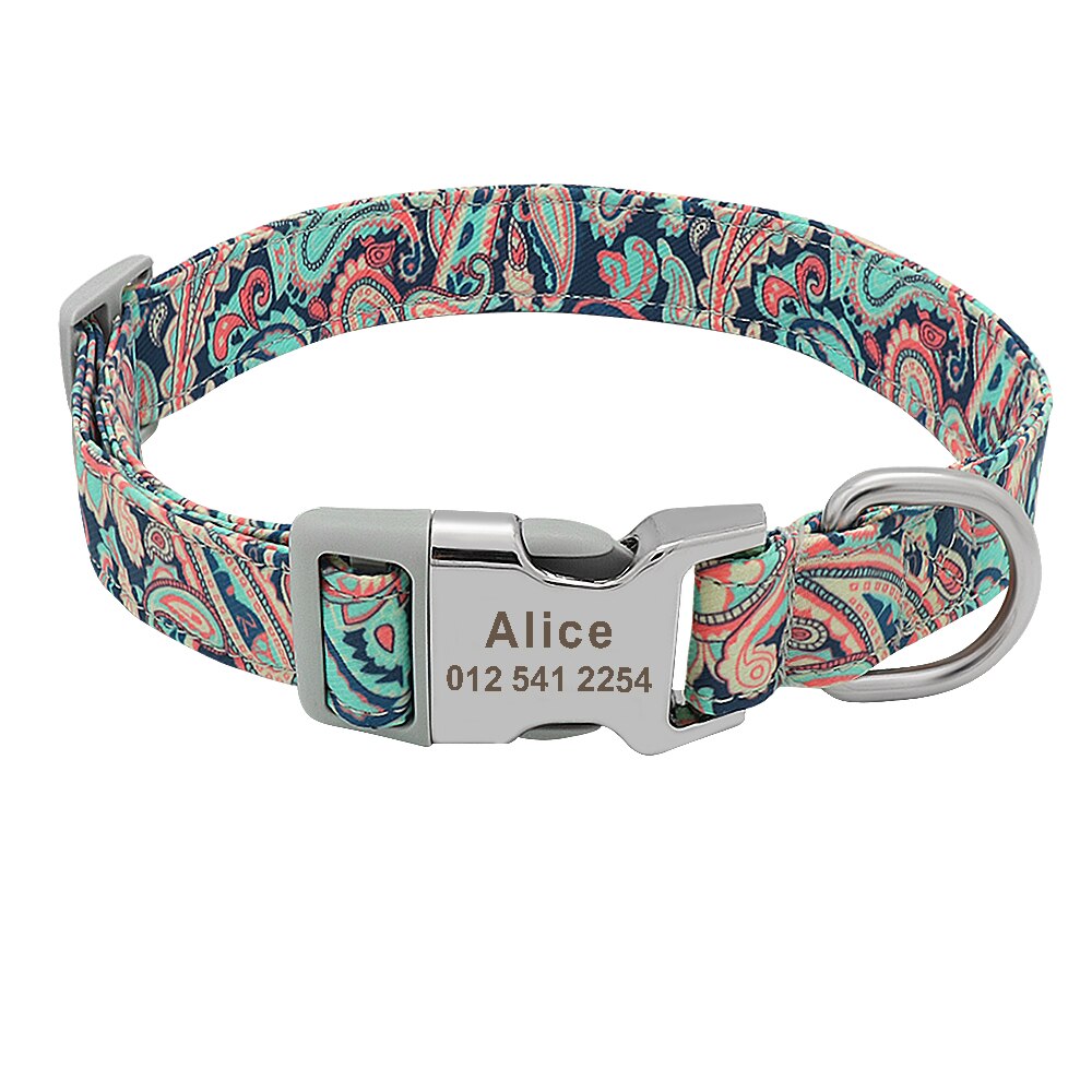 Custom Dog Collar Nylon Floral Engraved Pet Collar