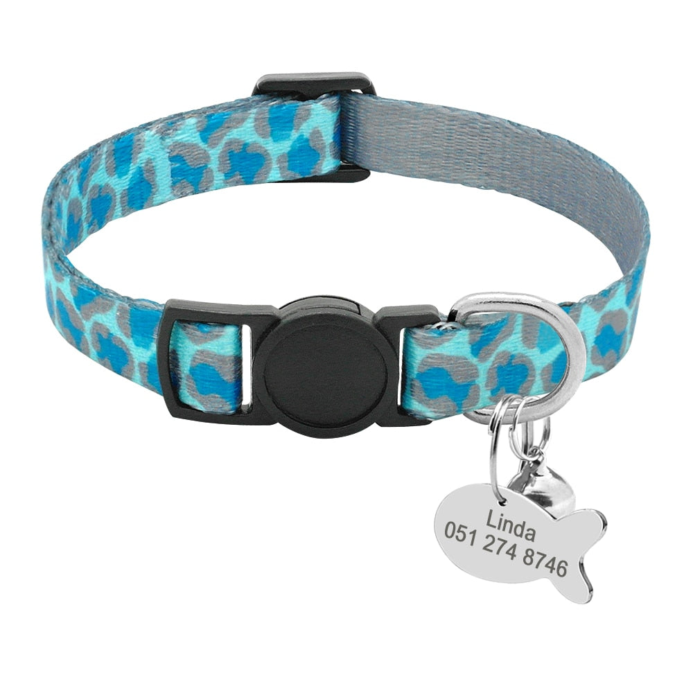 Quick Release Cat Collar With Bell  Free Engraved Fish ID Tag Nameplate