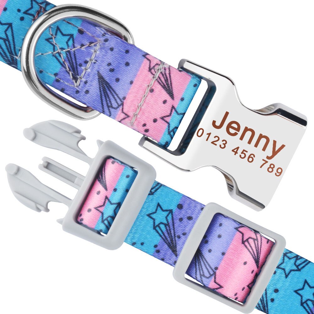 Adjustable nylon dog collar with name ID tag - Free engraving