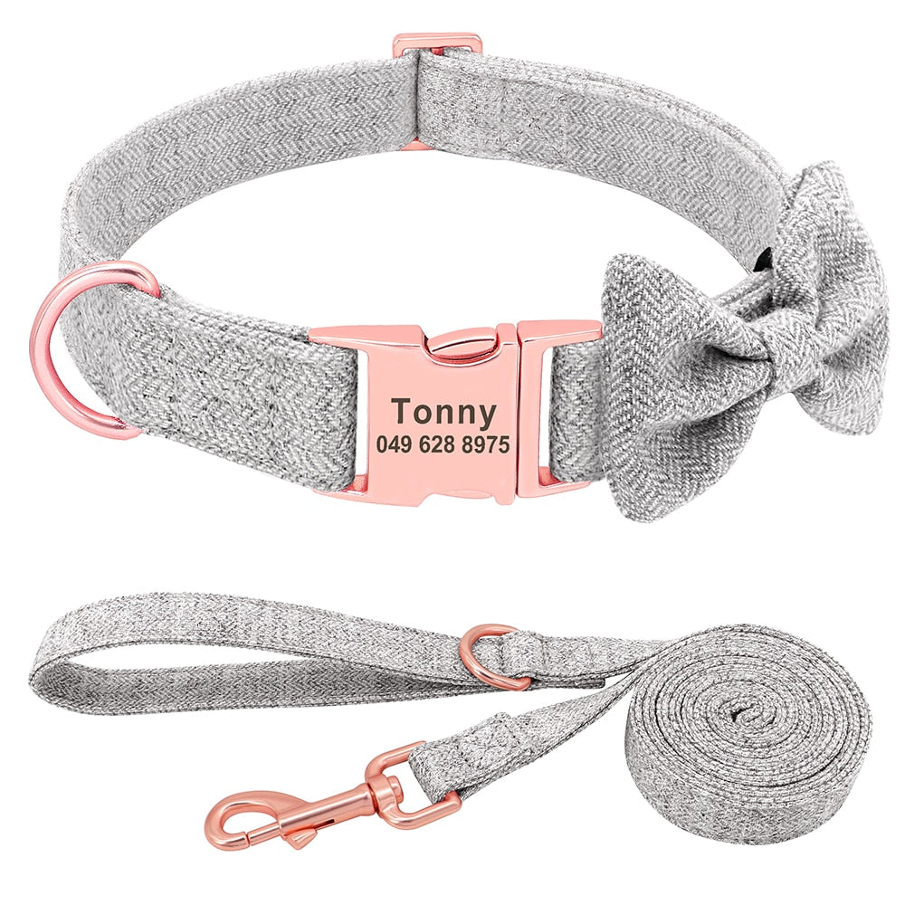 Customized Dog Collar Leash Set  With Bowtie Adjustable Free Engraving