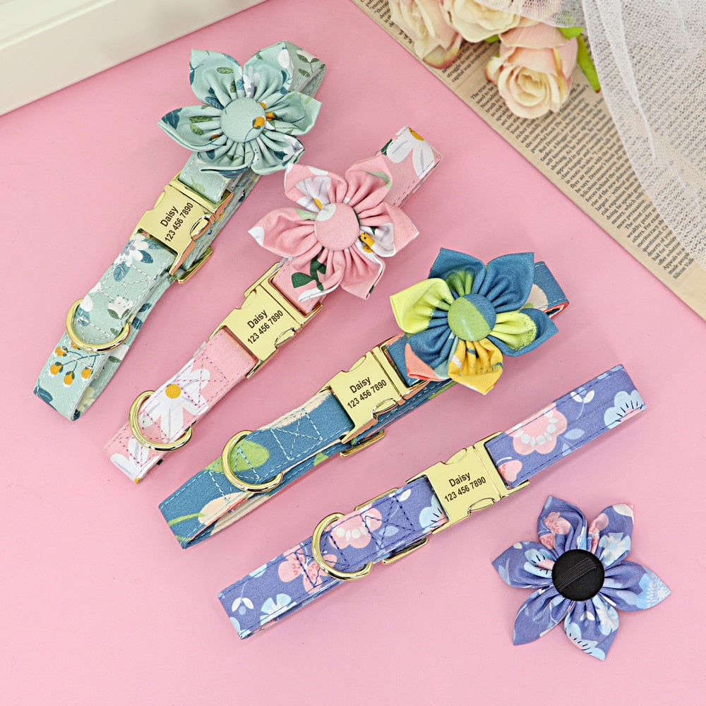 Personalized Dog ID Collar Nylon Engraved Pet Collars Necklace With Cute Flower Colorful Print