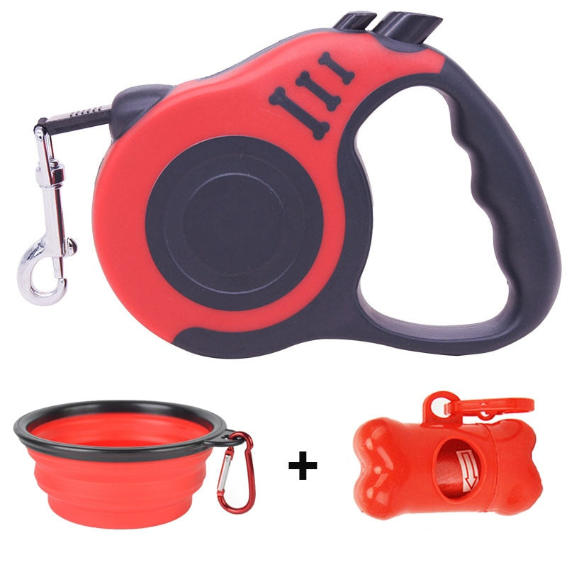 3m/5m Retractable Dog Leash Waste Bag Dispenser and Dog Bowl 3 in 1 set