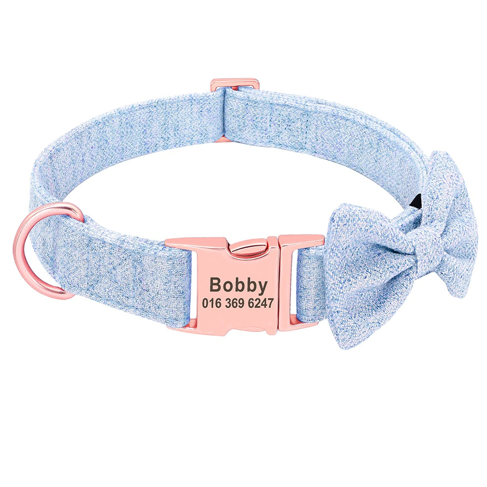 Customized Dog Collar Leash Set  With Bowtie Adjustable Free Engraving