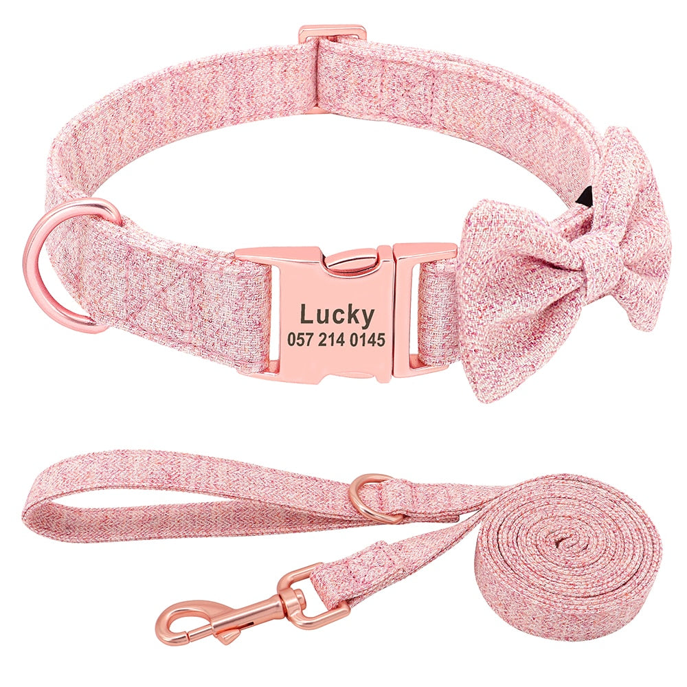 Customized Dog Collar Leash Set  With Bowtie Adjustable Free Engraving