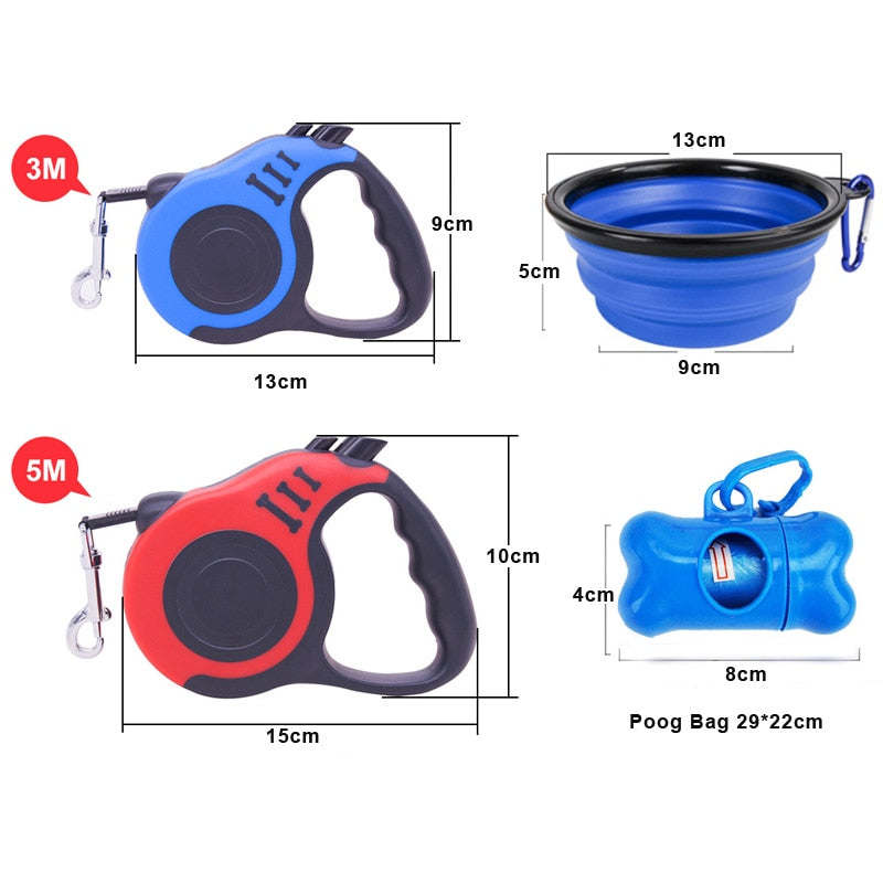 3m/5m Retractable Dog Leash Waste Bag Dispenser and Dog Bowl 3 in 1 set