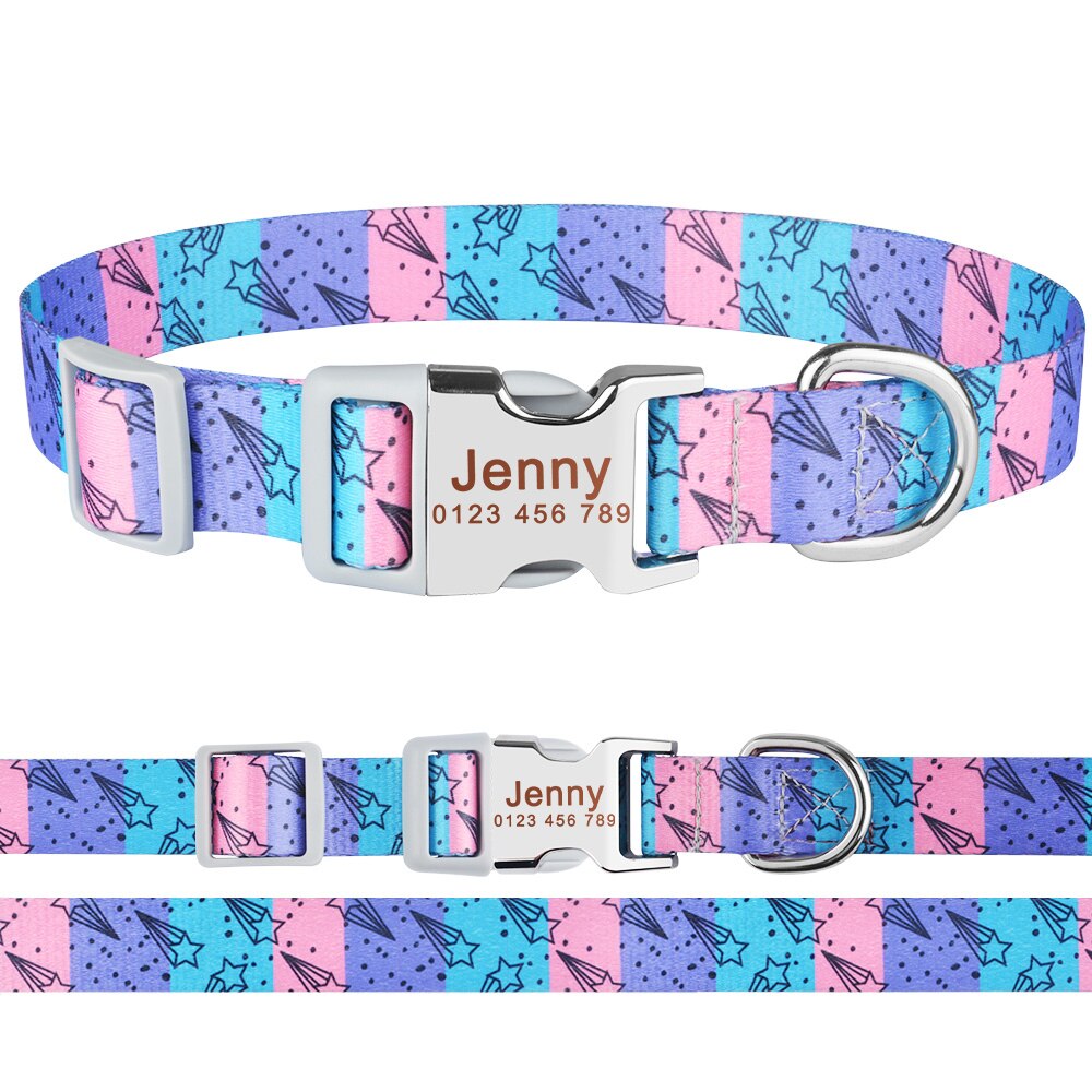 Adjustable nylon dog collar with name ID tag - Free engraving