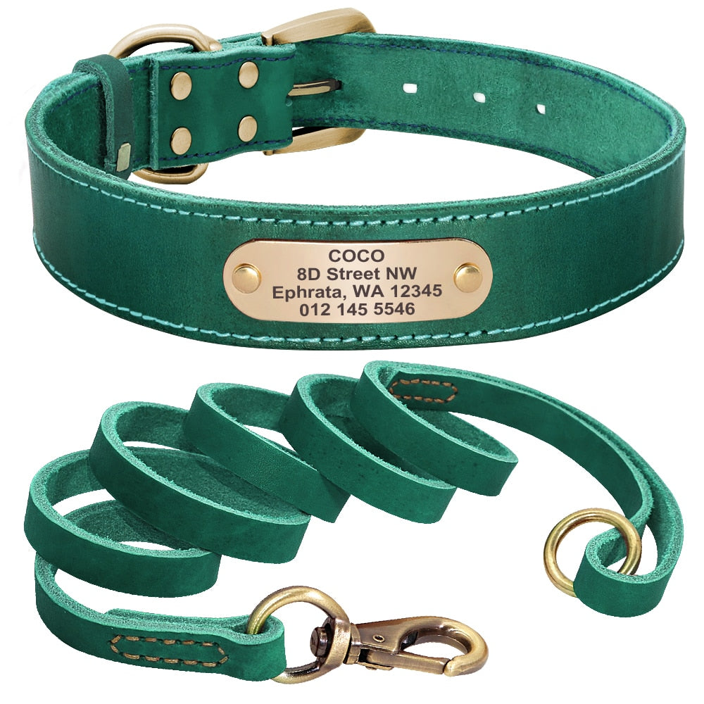 Leather Dog Collar Leash Set Personalized  Free Engraving