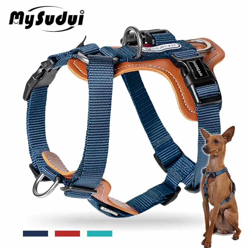 No Pull Dog Harness Adjustable Leather Pet Vest for Easy Walking with 2 Leash Clips