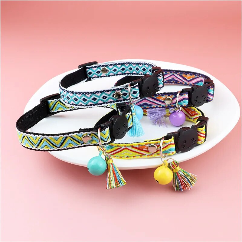 Adjustable cat collar with tassels and bells