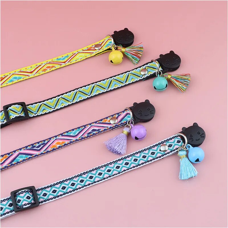 Adjustable cat collar with tassels and bells