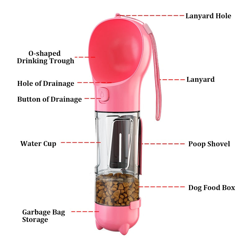 KOMMILIFE Portable Cat Dog Water Bottle Food Feeder Drinking Poop Dispenser 3 In 1