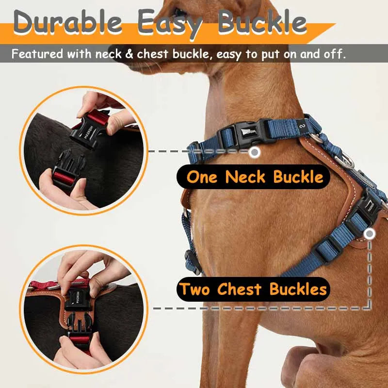 No Pull Dog Harness Adjustable Leather Pet Vest for Easy Walking with 2 Leash Clips