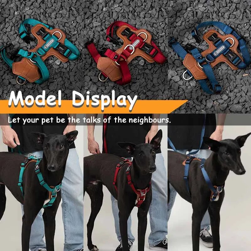 No Pull Dog Harness Adjustable Leather Pet Vest for Easy Walking with 2 Leash Clips