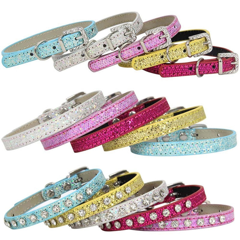 Shining Diamond Rhinestone Cat  Dog Cat Collar Leather