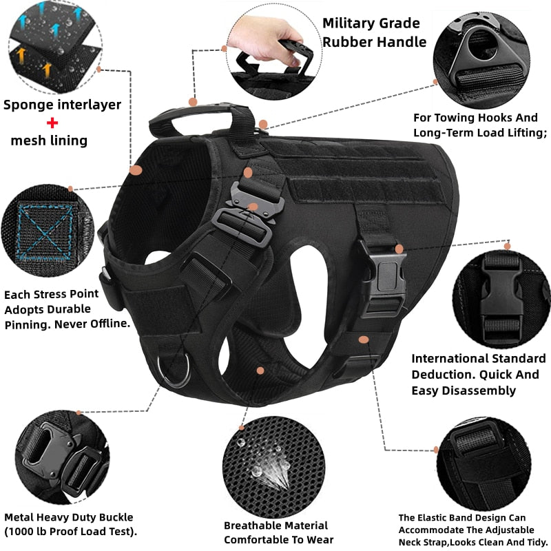 K9 Tactical Military Vest Tactical Training Dog Harness and Leash Set For All Breeds Dogs