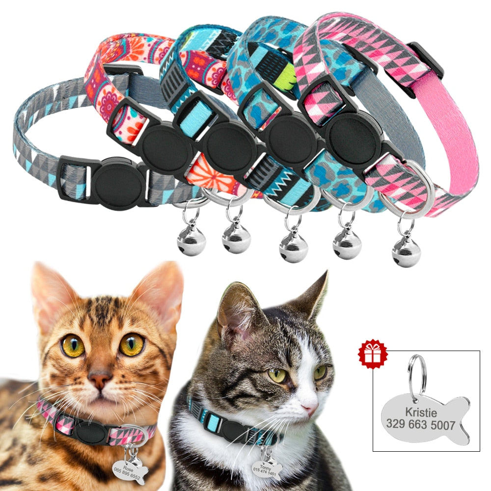 Quick Release Cat Collar With Bell  Free Engraved Fish ID Tag Nameplate