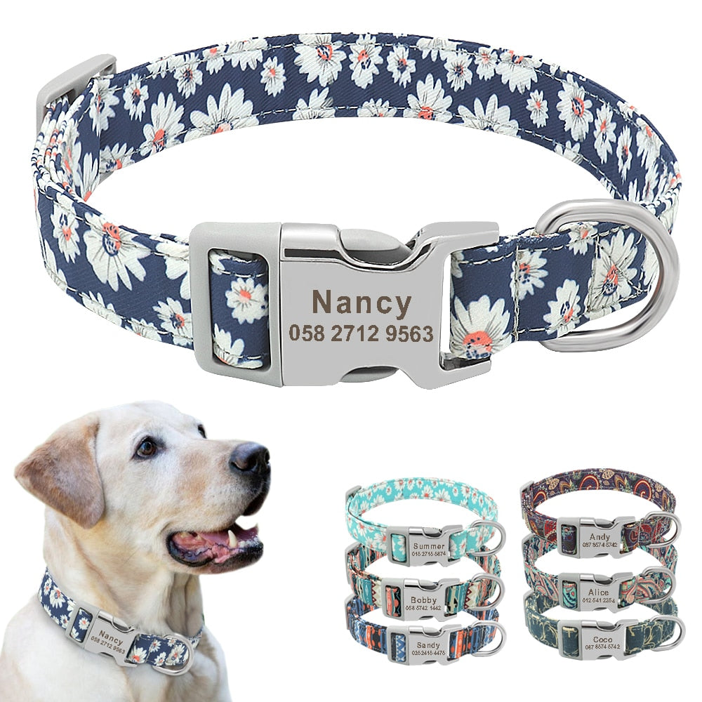 Custom Dog Collar Nylon Floral Engraved Pet Collar