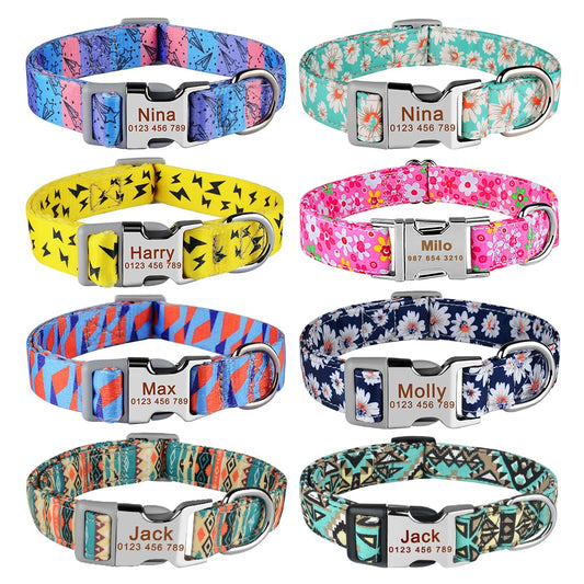 Adjustable nylon dog collar with name ID tag - Free engraving