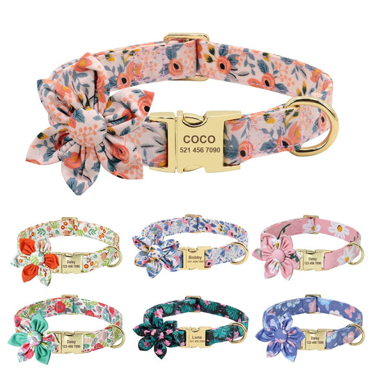 Personalized Dog ID Collar Nylon Engraved Pet Collars Necklace With Cute Flower Colorful Print