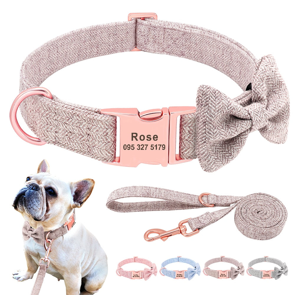 Customized Dog Collar Leash Set  With Bowtie Adjustable Free Engraving