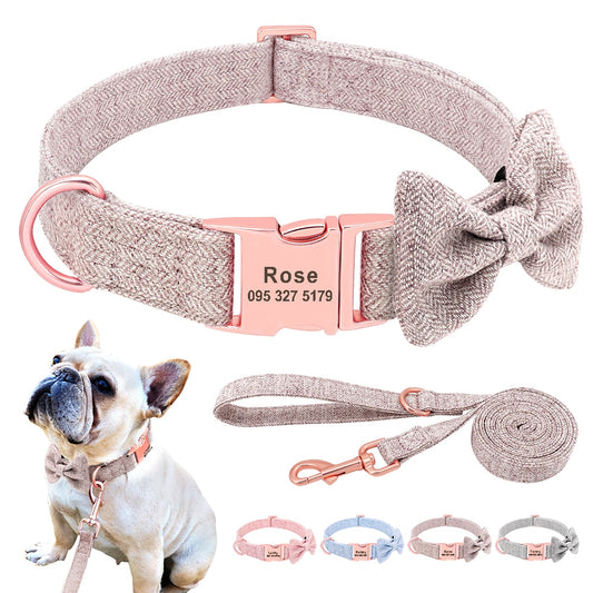 Customized Dog Collar Leash Set  With Bowtie Adjustable Free Engraving